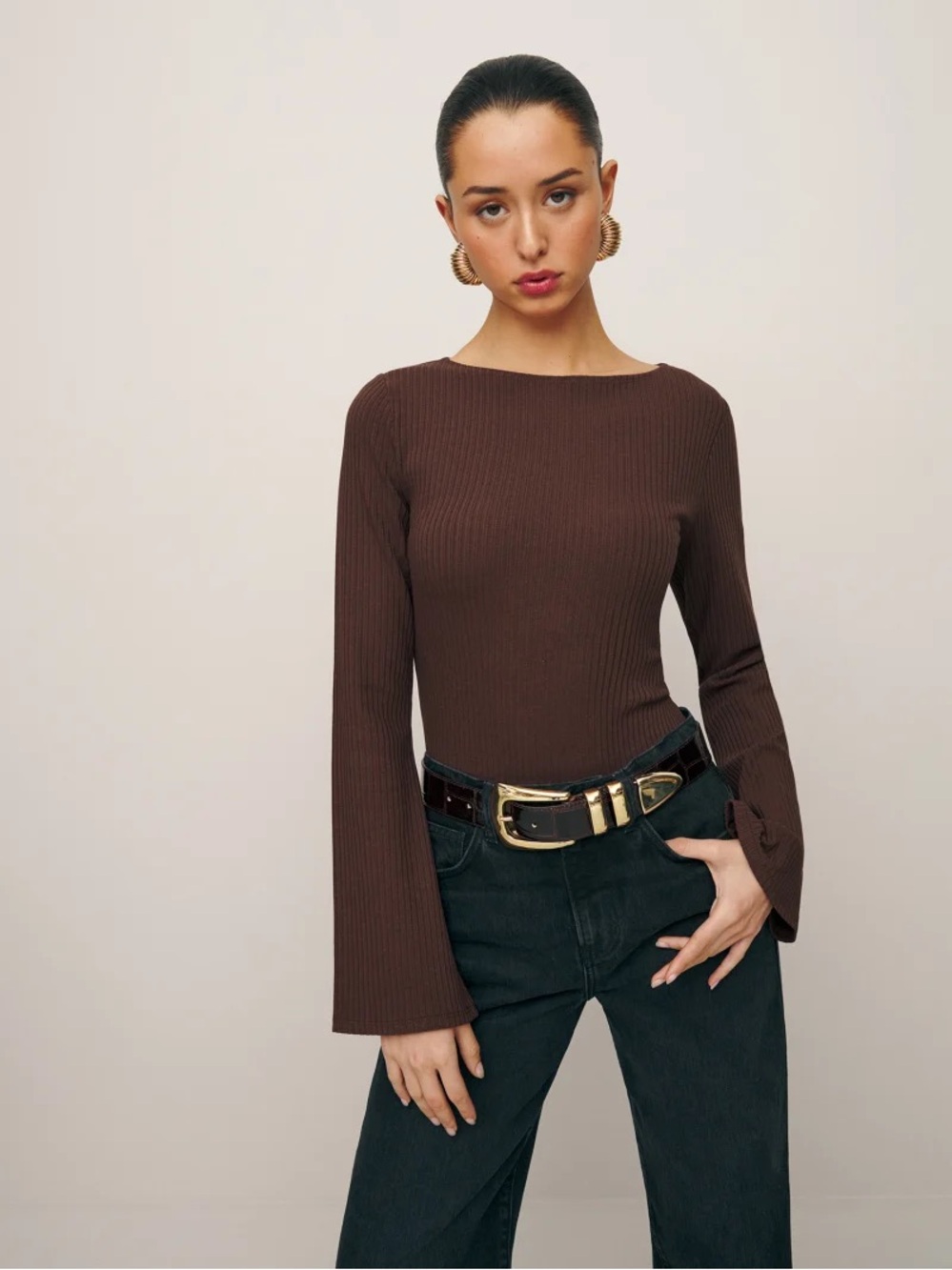 Miller knit top Reformation Brown Crewneck Long-Sleeve Sweater